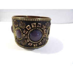Brass purple beaded wide bangle bracelet, 8" length, missing stone